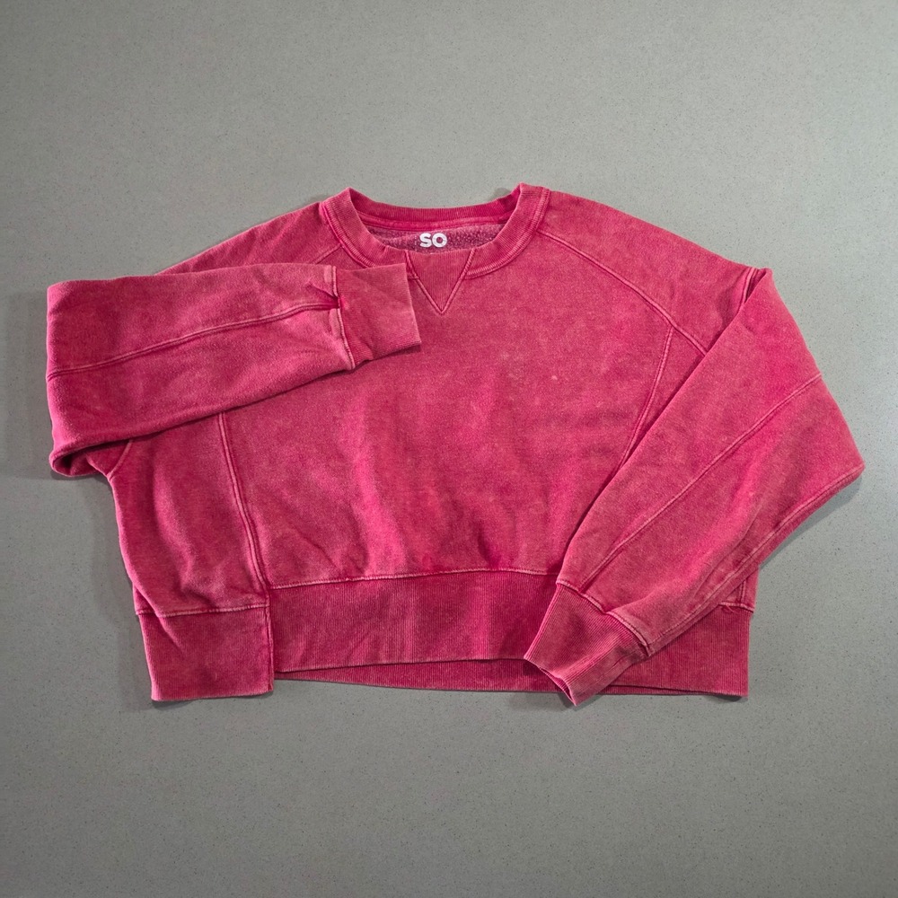 SO Goods for Life Womens Small Pink Acid Wash Cropped Crewneck Sweatshirt Raglan